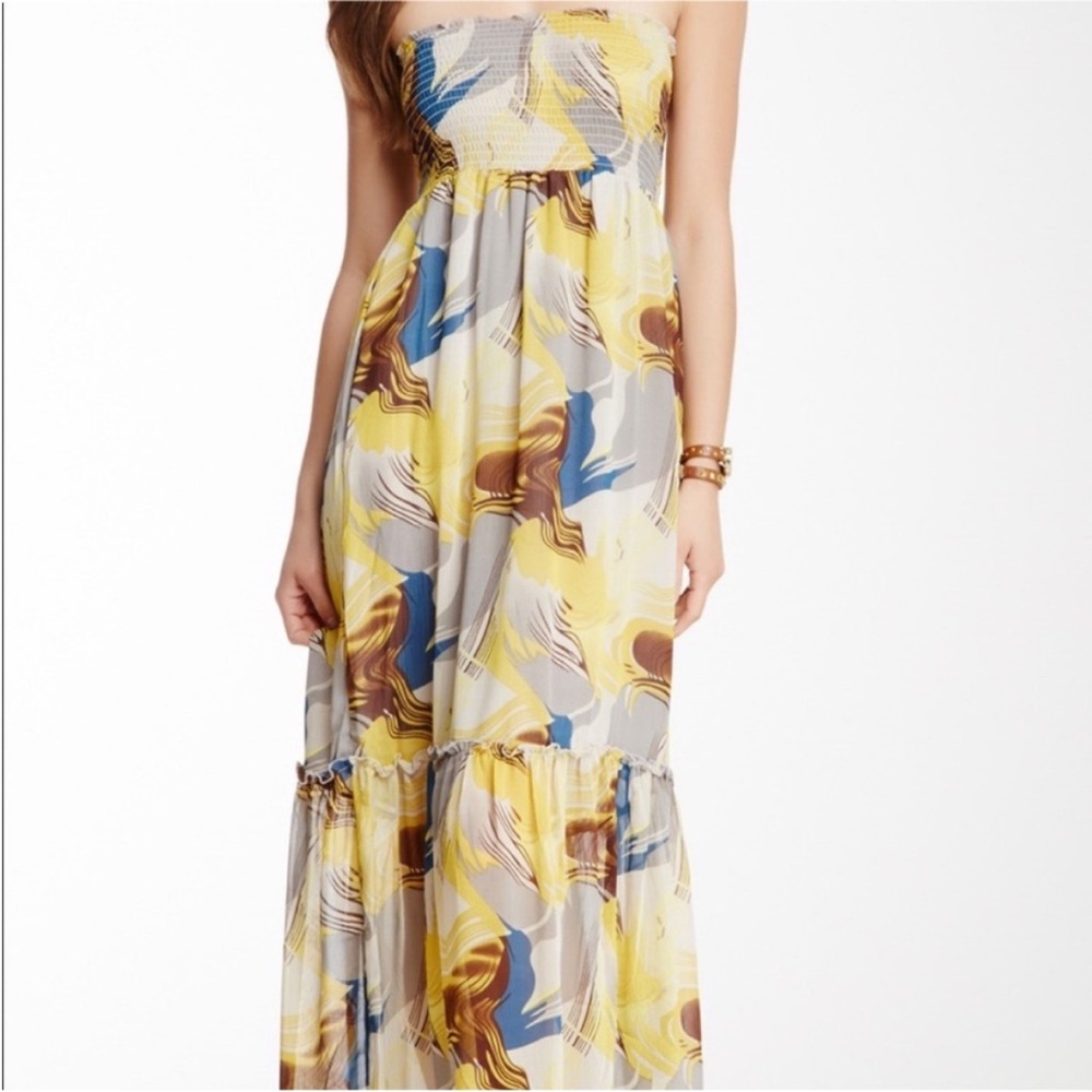 BCBGMaxAzria Strapless Dress in Yellow and Brown